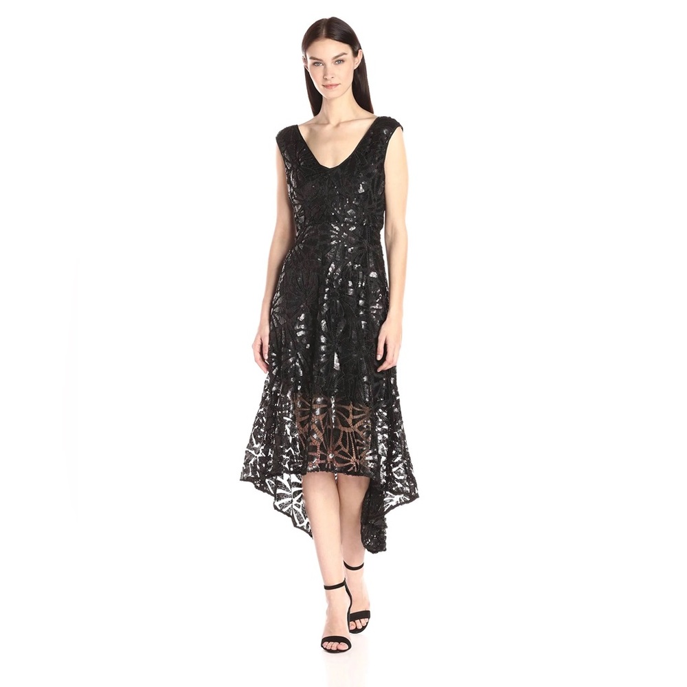 Tracy Reese Black Sequin Lace V-Neck High Low Sleeveless Prom Cocktail Dress 8